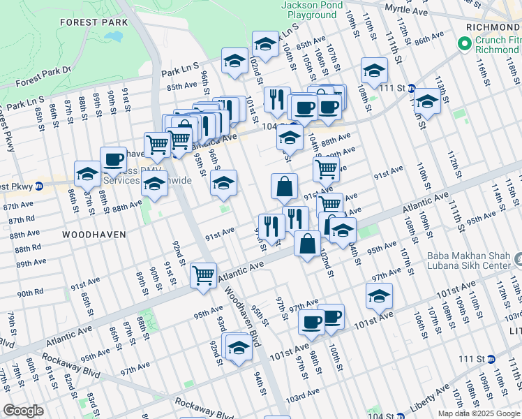 map of restaurants, bars, coffee shops, grocery stores, and more near 89-14 98th Street in Queens