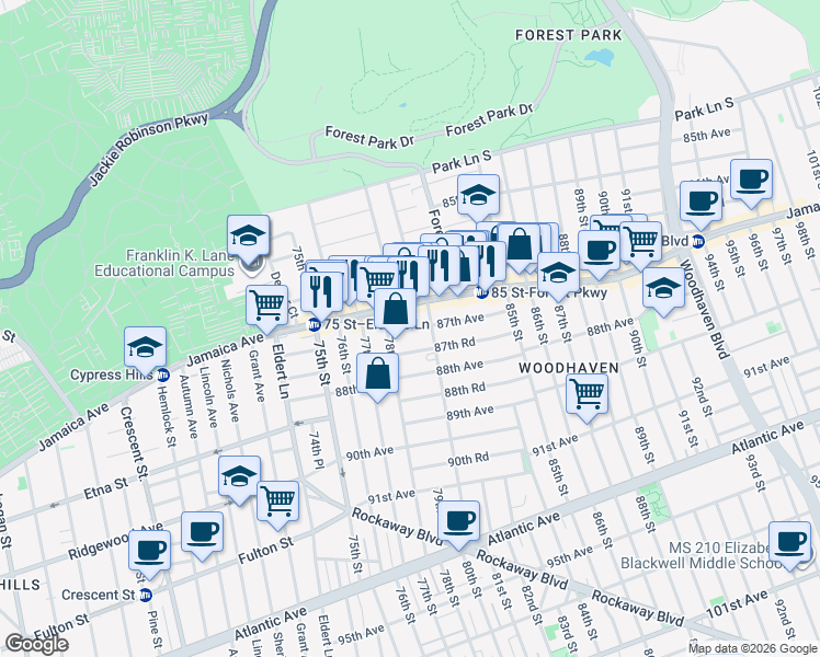 map of restaurants, bars, coffee shops, grocery stores, and more near in Queens