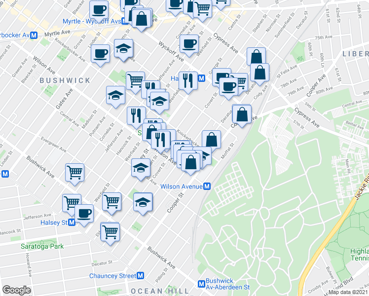 map of restaurants, bars, coffee shops, grocery stores, and more near 830 Knickerbocker Avenue in Brooklyn