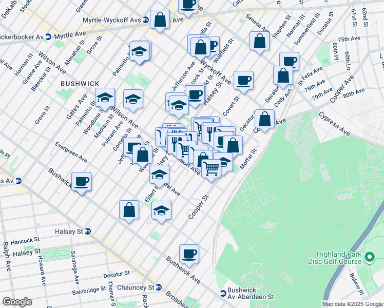 map of restaurants, bars, coffee shops, grocery stores, and more near 273 Eldert Street in Brooklyn