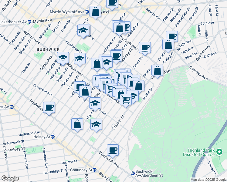 map of restaurants, bars, coffee shops, grocery stores, and more near 273 Eldert Street in Brooklyn