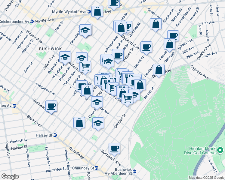 map of restaurants, bars, coffee shops, grocery stores, and more near 273 Eldert Street in Brooklyn
