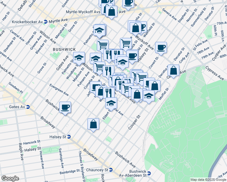 map of restaurants, bars, coffee shops, grocery stores, and more near 567 Wilson Avenue in Brooklyn
