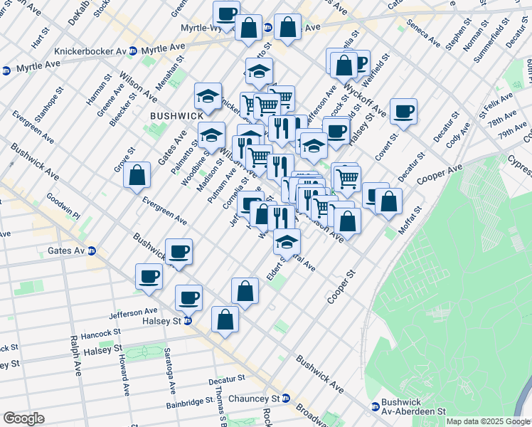 map of restaurants, bars, coffee shops, grocery stores, and more near 1232 Hancock Street in Brooklyn