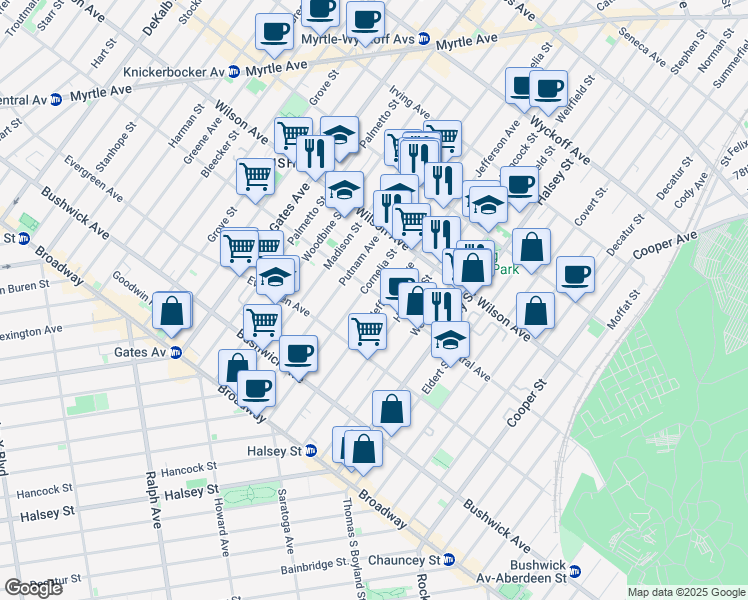 map of restaurants, bars, coffee shops, grocery stores, and more near 461 Central Avenue in Brooklyn
