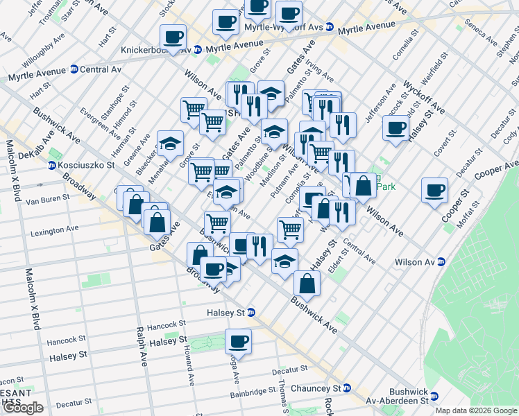 map of restaurants, bars, coffee shops, grocery stores, and more near in Brooklyn