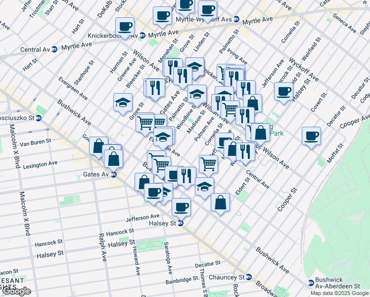 map of restaurants, bars, coffee shops, grocery stores, and more near 1247 Putnam Avenue in Brooklyn