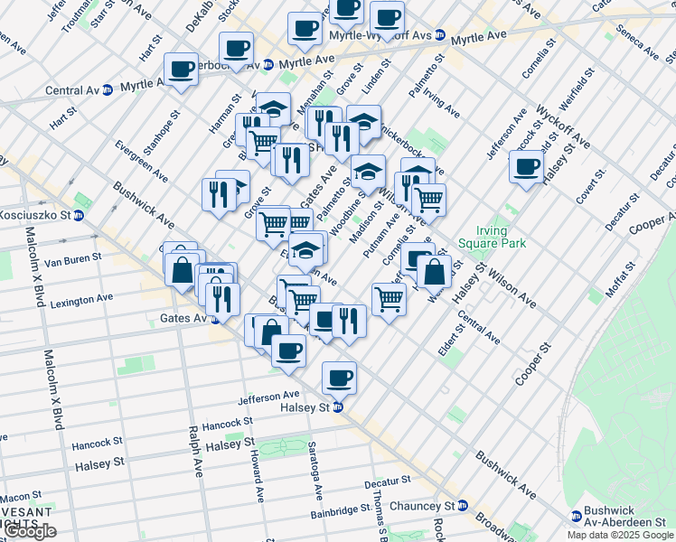 map of restaurants, bars, coffee shops, grocery stores, and more near 122 Woodbine Street in Brooklyn