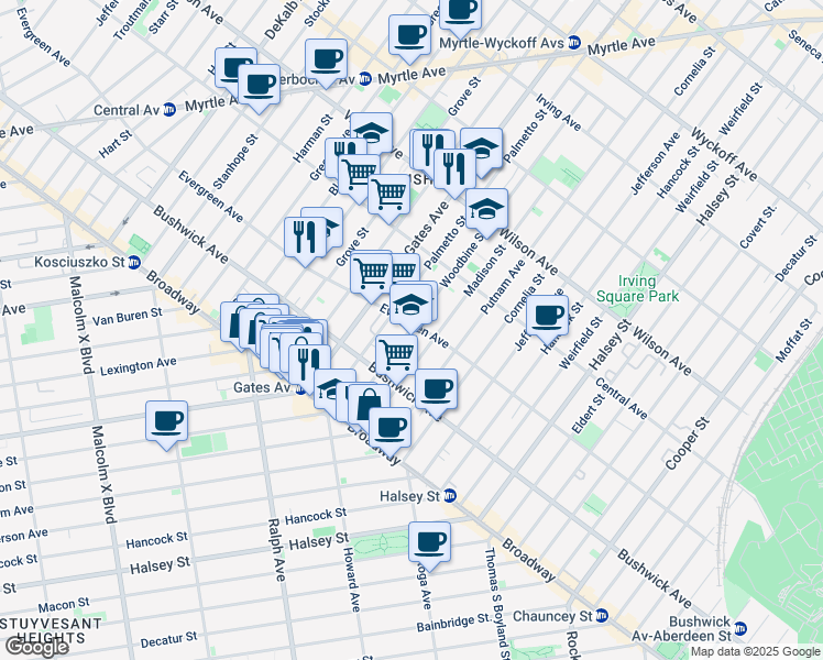 map of restaurants, bars, coffee shops, grocery stores, and more near 94 Palmetto Street in Brooklyn