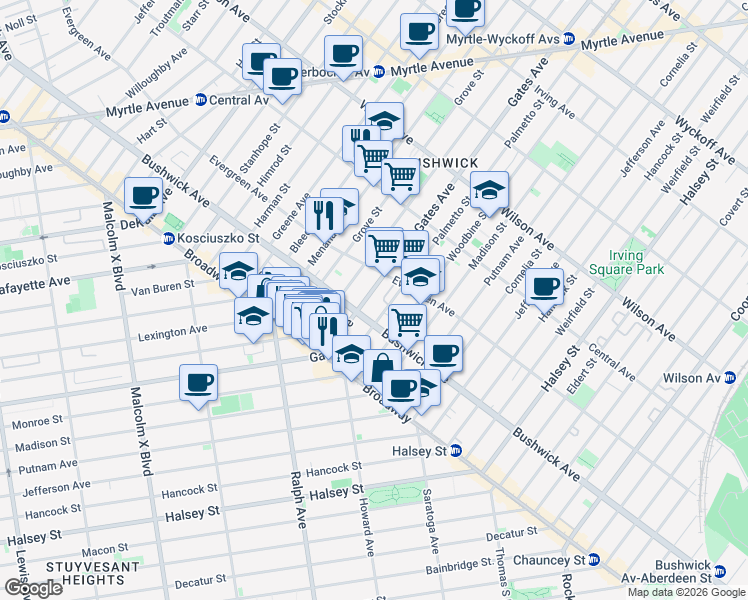 map of restaurants, bars, coffee shops, grocery stores, and more near 1179 Gates Avenue in Brooklyn