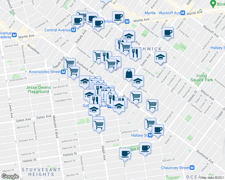 map of restaurants, bars, coffee shops, grocery stores, and more near 68 Grove Street in Brooklyn