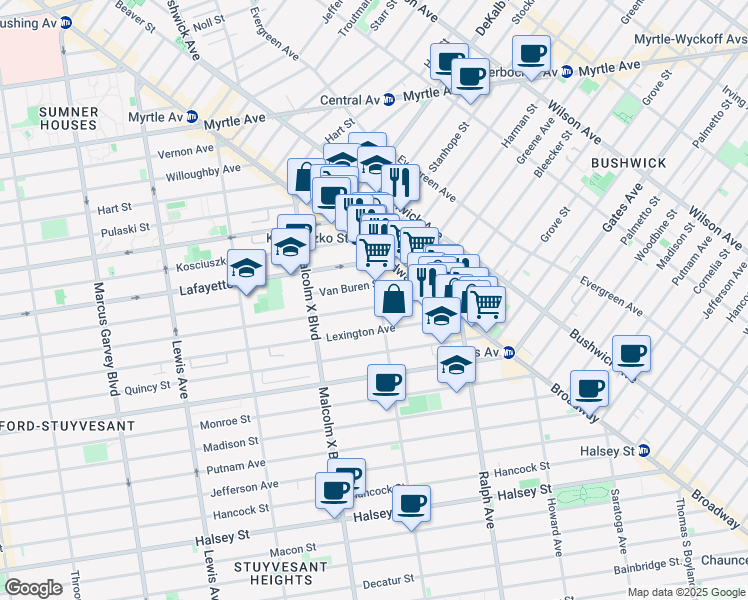 map of restaurants, bars, coffee shops, grocery stores, and more near 1164 Broadway in Brooklyn