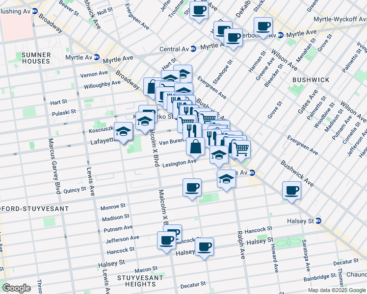 map of restaurants, bars, coffee shops, grocery stores, and more near 1164 Broadway in Brooklyn