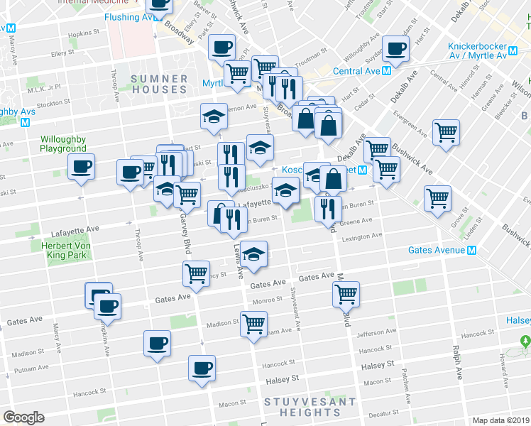map of restaurants, bars, coffee shops, grocery stores, and more near 935 Lafayette Avenue in Brooklyn