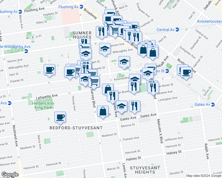 map of restaurants, bars, coffee shops, grocery stores, and more near 143 Lewis Avenue in Brooklyn