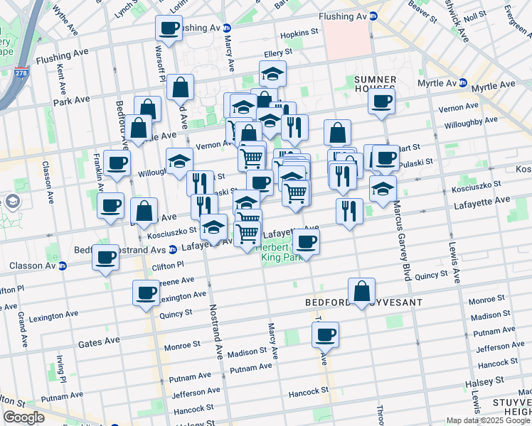 map of restaurants, bars, coffee shops, grocery stores, and more near 132 Pulaski Street in Brooklyn