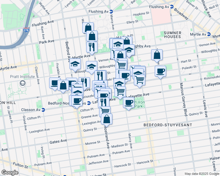 map of restaurants, bars, coffee shops, grocery stores, and more near 42 Pulaski Street in Brooklyn