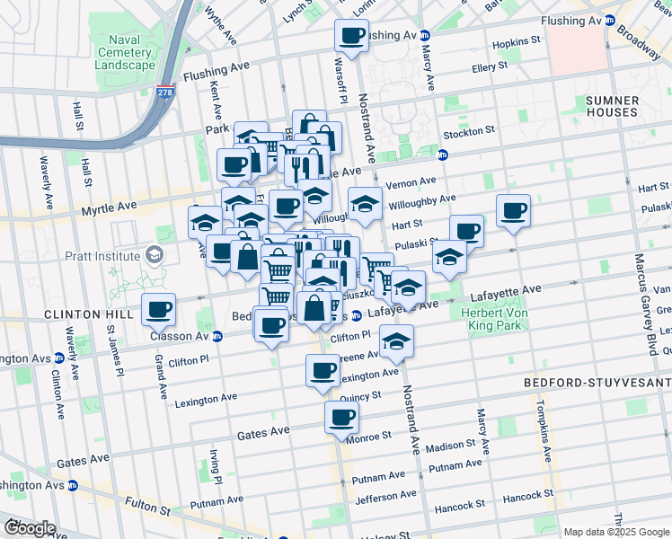 map of restaurants, bars, coffee shops, grocery stores, and more near 205 Spencer Street in Brooklyn