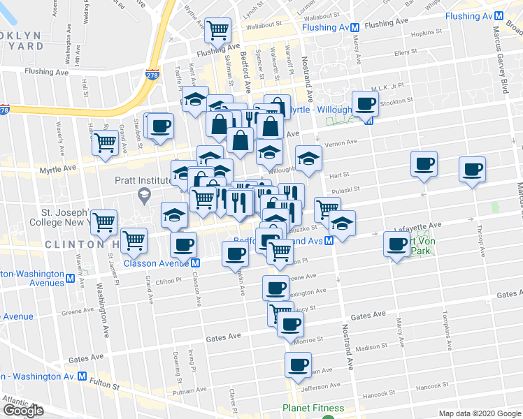 map of restaurants, bars, coffee shops, grocery stores, and more near 954 Bedford Avenue in Brooklyn