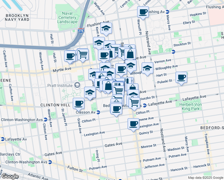 map of restaurants, bars, coffee shops, grocery stores, and more near 219 Franklin Avenue in Brooklyn