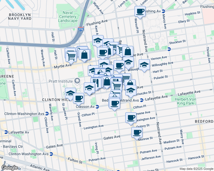 map of restaurants, bars, coffee shops, grocery stores, and more near in Brooklyn