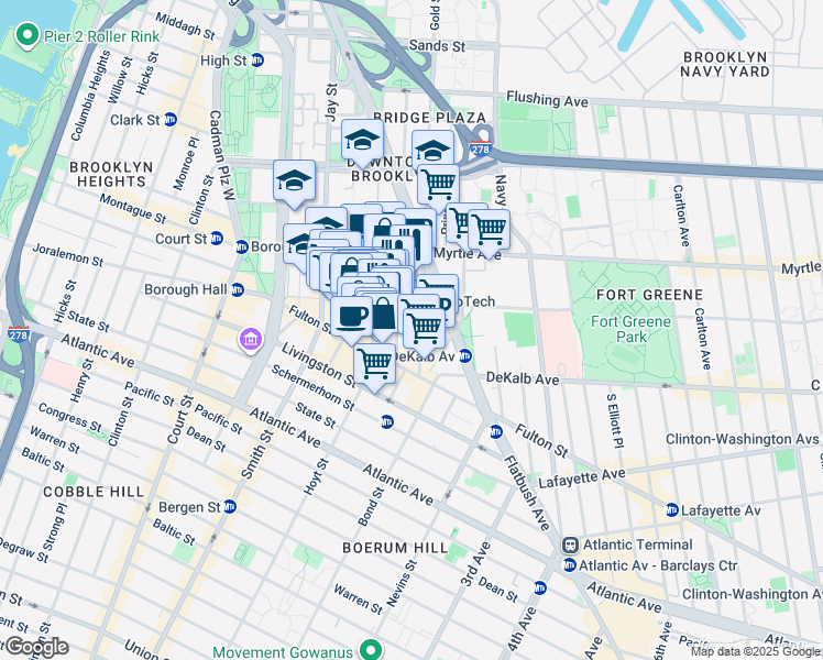 map of restaurants, bars, coffee shops, grocery stores, and more near 106 Willoughby Street in Brooklyn