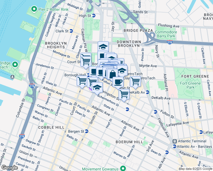 map of restaurants, bars, coffee shops, grocery stores, and more near 47-55 Willoughby Street in Brooklyn