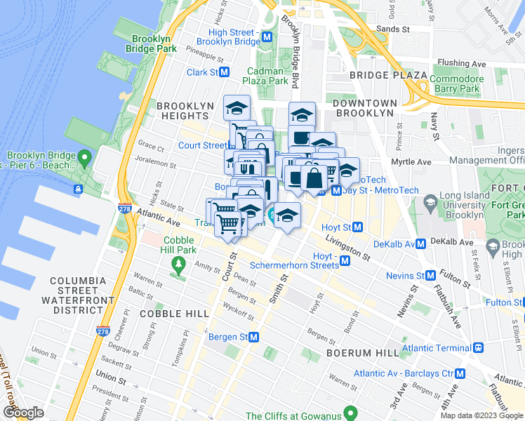 map of restaurants, bars, coffee shops, grocery stores, and more near 210 Joralemon Street in Brooklyn