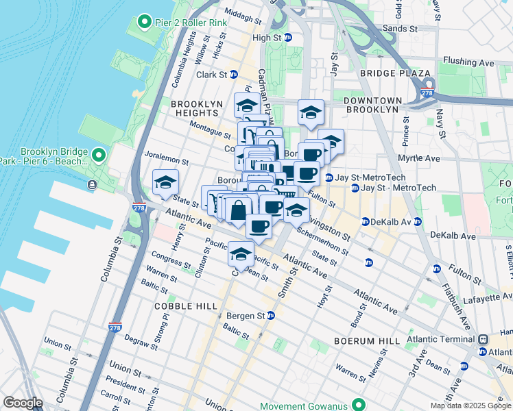 map of restaurants, bars, coffee shops, grocery stores, and more near 86 Court Street in Brooklyn