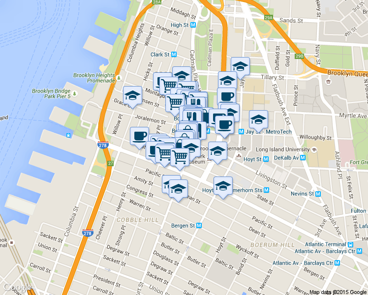 map of restaurants, bars, coffee shops, grocery stores, and more near 86 Court Street in Brooklyn