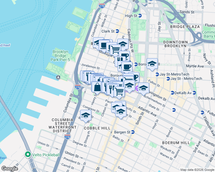 map of restaurants, bars, coffee shops, grocery stores, and more near 40 Sidney Place in Brooklyn