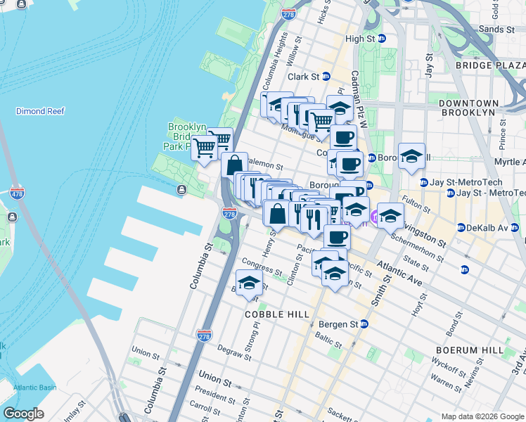 map of restaurants, bars, coffee shops, grocery stores, and more near 41 Garden Place in Brooklyn