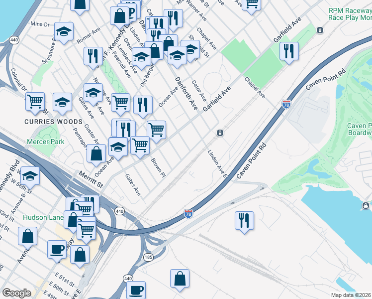 map of restaurants, bars, coffee shops, grocery stores, and more near 333 Princeton Avenue in Jersey City