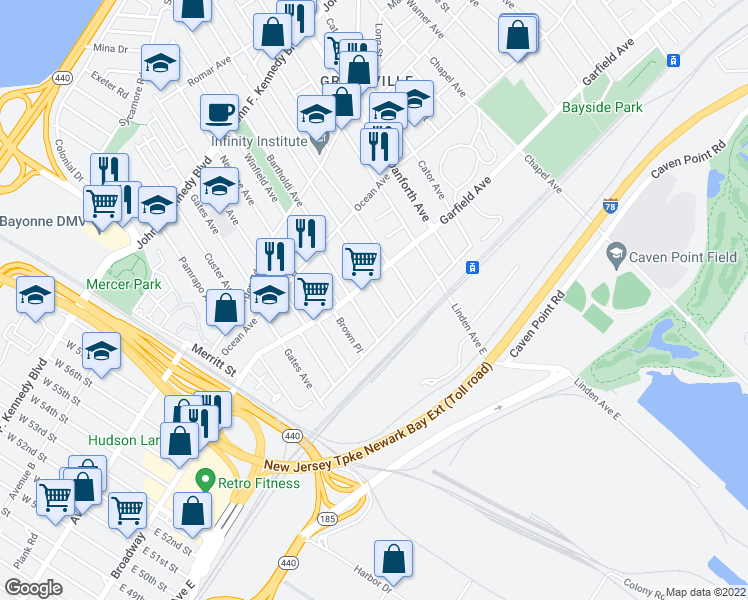 map of restaurants, bars, coffee shops, grocery stores, and more near 242 Garfield Avenue in Jersey City