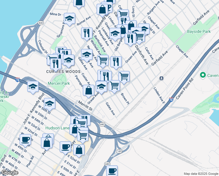 map of restaurants, bars, coffee shops, grocery stores, and more near in Jersey City