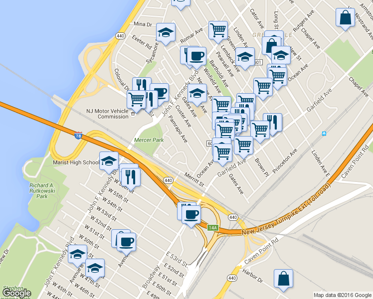 map of restaurants, bars, coffee shops, grocery stores, and more near 145 Custer Avenue in Jersey City