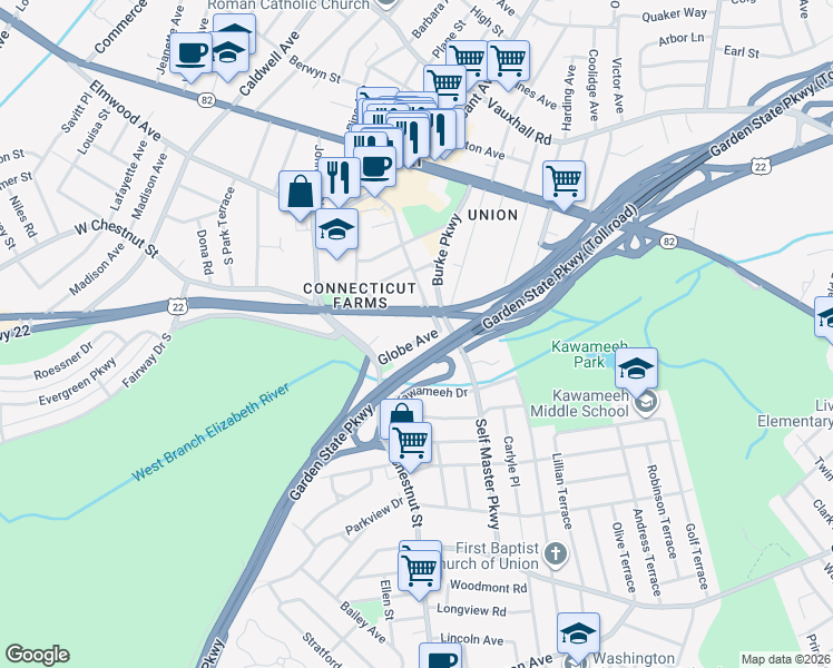 map of restaurants, bars, coffee shops, grocery stores, and more near 1345 U.S. 22 in Union