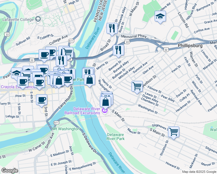 map of restaurants, bars, coffee shops, grocery stores, and more near 40 Bullman Street in Phillipsburg