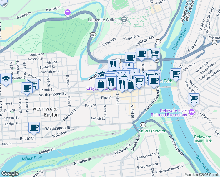map of restaurants, bars, coffee shops, grocery stores, and more near 30 North 4th Street in Easton