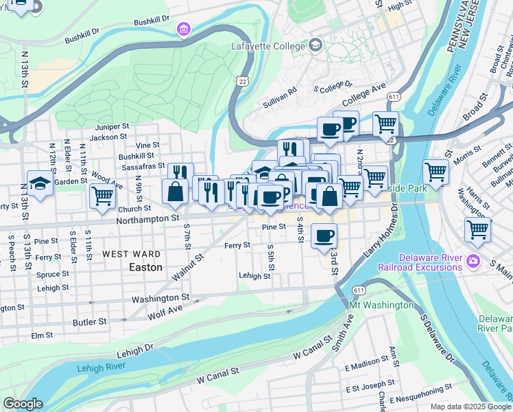 map of restaurants, bars, coffee shops, grocery stores, and more near 44 North 6th Street in Easton
