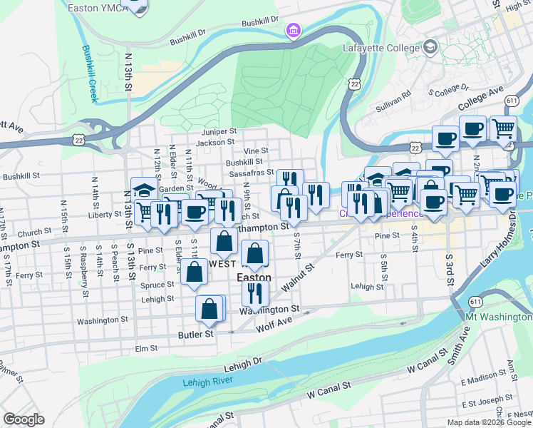 map of restaurants, bars, coffee shops, grocery stores, and more near 13 North Mulberry Street in Easton