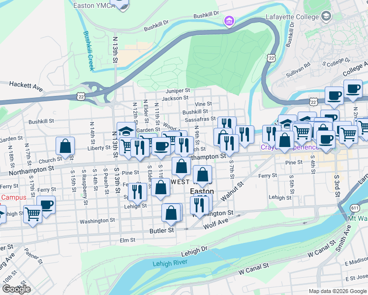 map of restaurants, bars, coffee shops, grocery stores, and more near 111 North 10th Street in Easton
