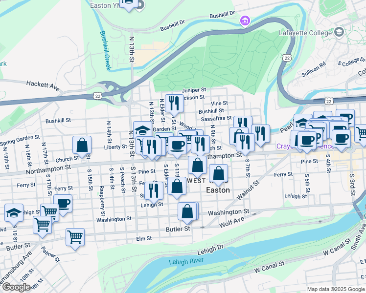 map of restaurants, bars, coffee shops, grocery stores, and more near 116 North Warren Street in Easton