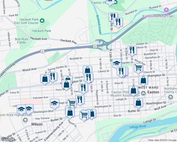 map of restaurants, bars, coffee shops, grocery stores, and more near 1500 Spring Garden Street in Easton