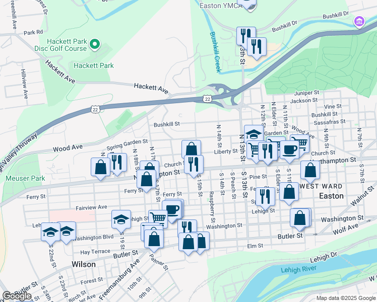map of restaurants, bars, coffee shops, grocery stores, and more near 1500 Spring Garden Street in Easton