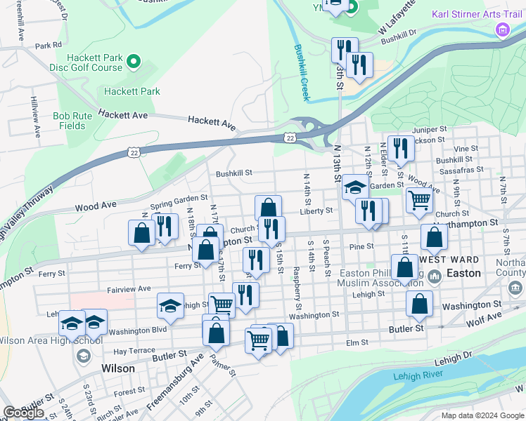 map of restaurants, bars, coffee shops, grocery stores, and more near 1500 Spring Garden Street in Easton