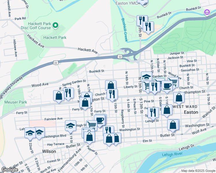 map of restaurants, bars, coffee shops, grocery stores, and more near 1500 Spring Garden Street in Easton