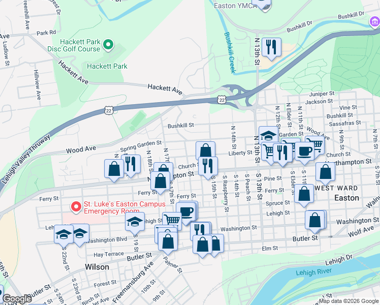 map of restaurants, bars, coffee shops, grocery stores, and more near 1546 Spring Garden Street in Easton