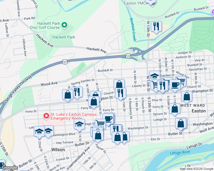 map of restaurants, bars, coffee shops, grocery stores, and more near 1546 Spring Garden Street in Easton