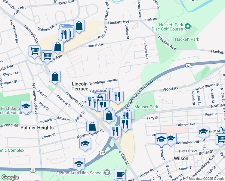 map of restaurants, bars, coffee shops, grocery stores, and more near 2350 Edgemore Avenue in Easton